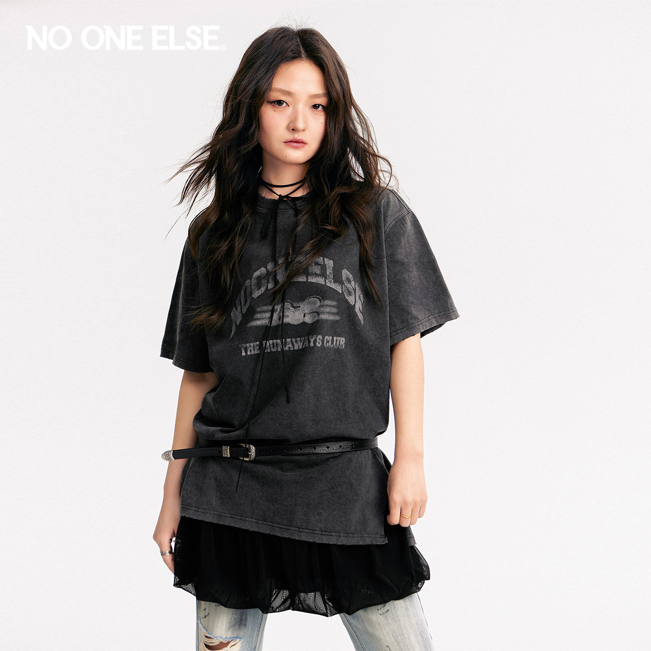 NO ONE ELSE字母印花T恤女2026夏季新款做旧开衩宽松圆领短袖上衣