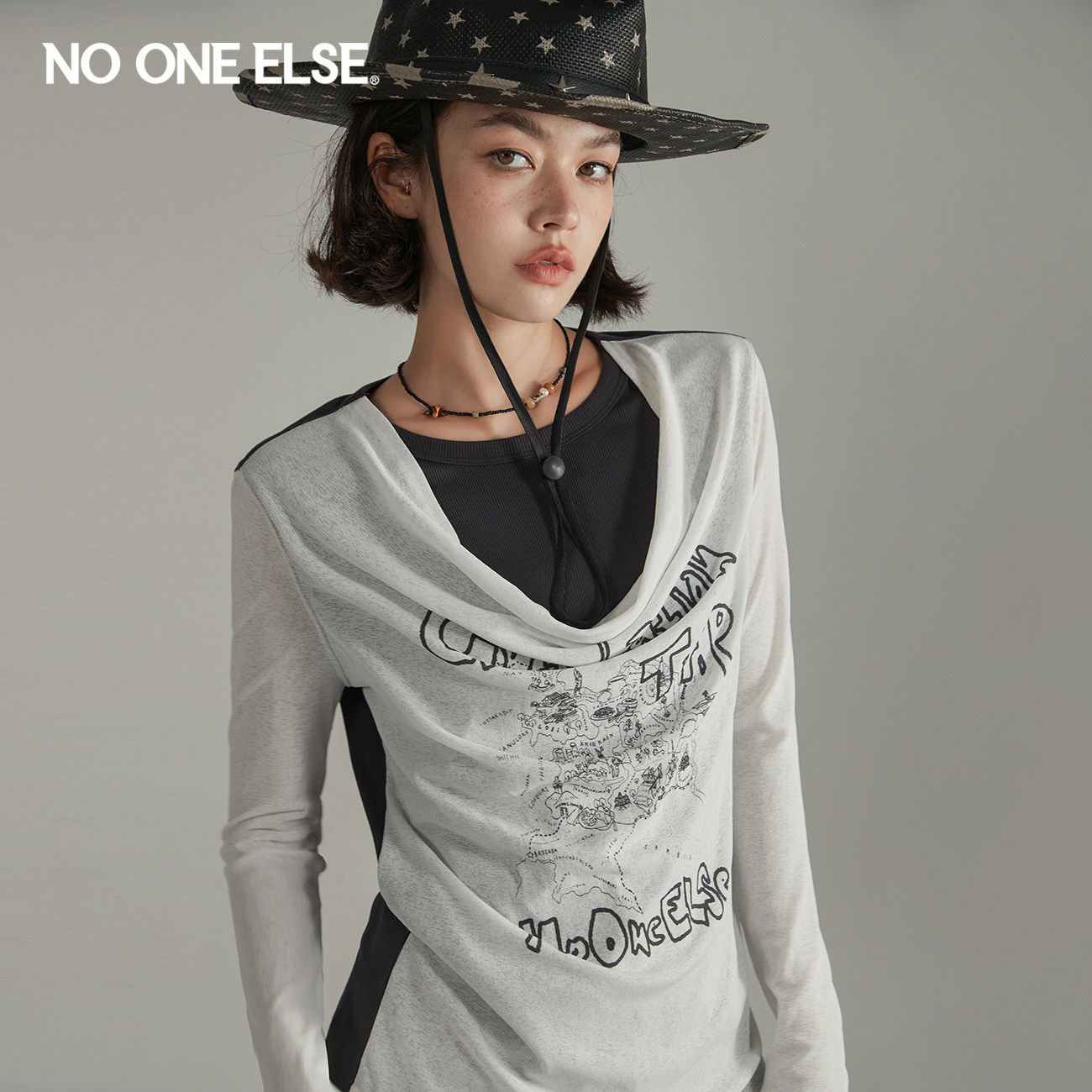NO ONE ELSE拼接假两件T恤女2026早秋新品设计感印花个性长袖上衣
