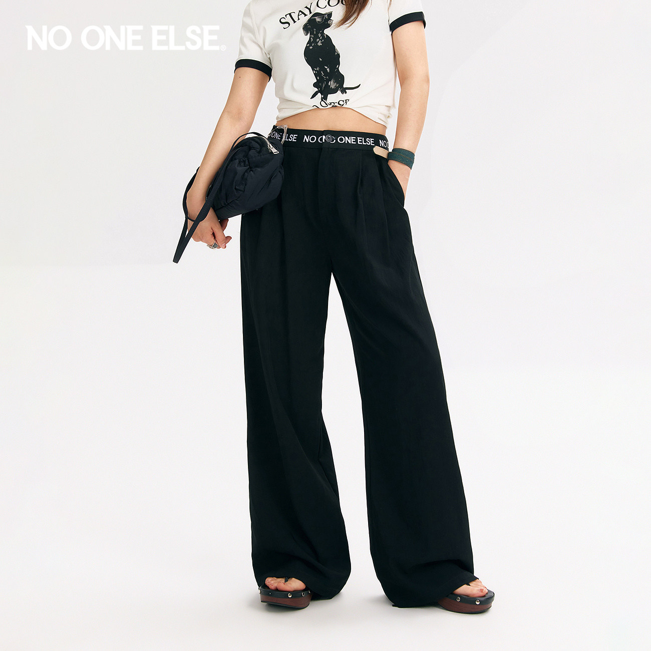 NO ONE ELSE字母提花休闲裤女士2026夏季新款高腰拼接阔腿长裤子