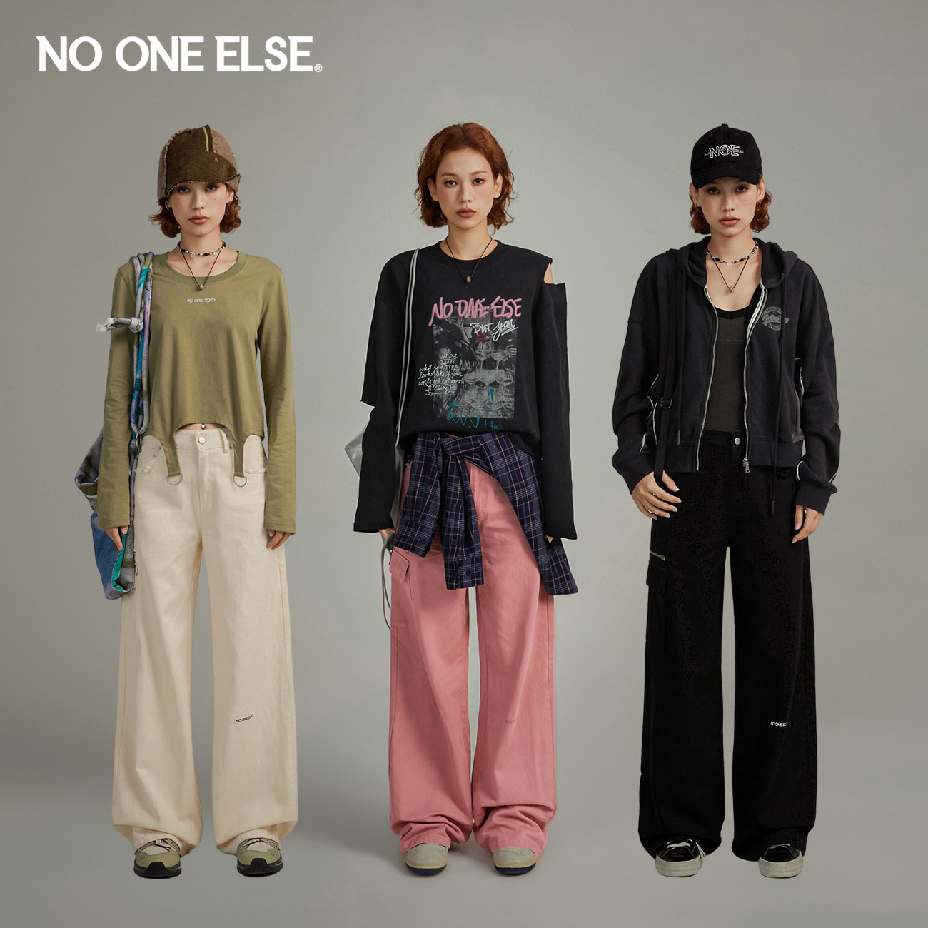 NO ONE ELSE毛边口袋工装休闲裤女2026早春秋新款高腰阔腿长裤子