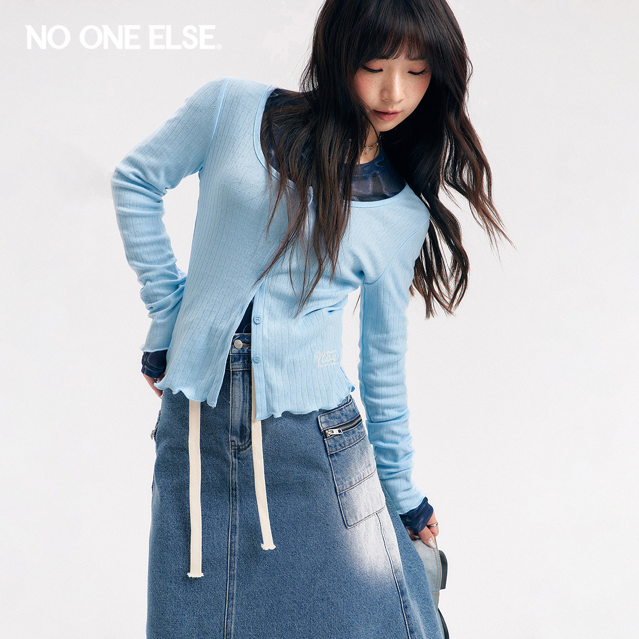 NO ONE ELSE木耳边针织外套女2026夏季新款字母刺绣显瘦长袖开衫