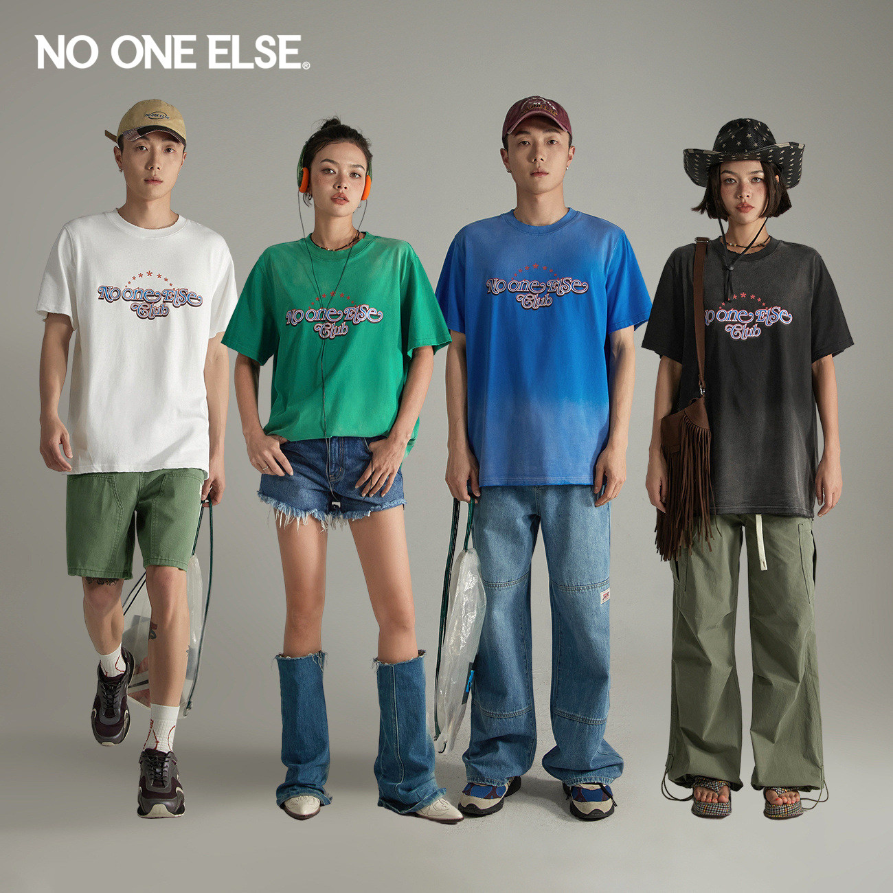 NO ONE ELSE渐变做旧印花短袖T恤男女款2026夏季新品中长宽松上衣