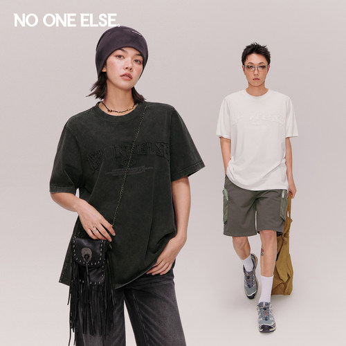 NOONEELSE字母绣花做旧T恤