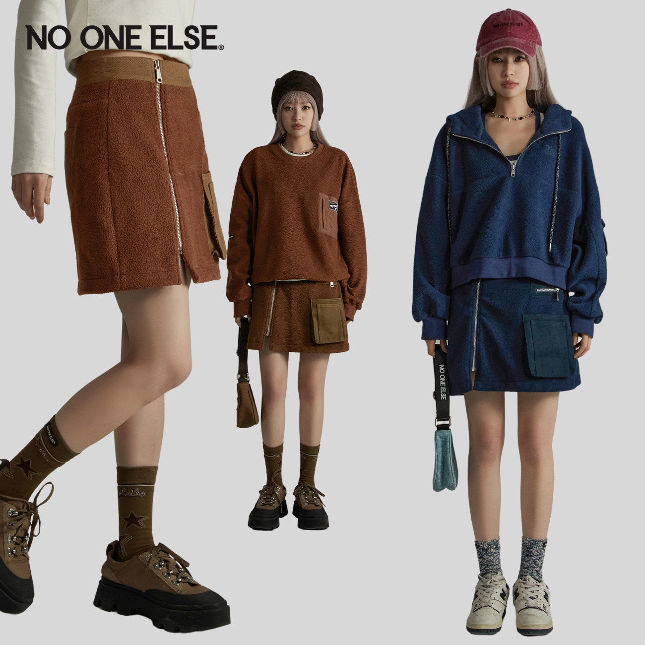 NO ONE ELSE拉链口袋半身裙女士2026年春秋新款颗粒绒a字短裙子潮