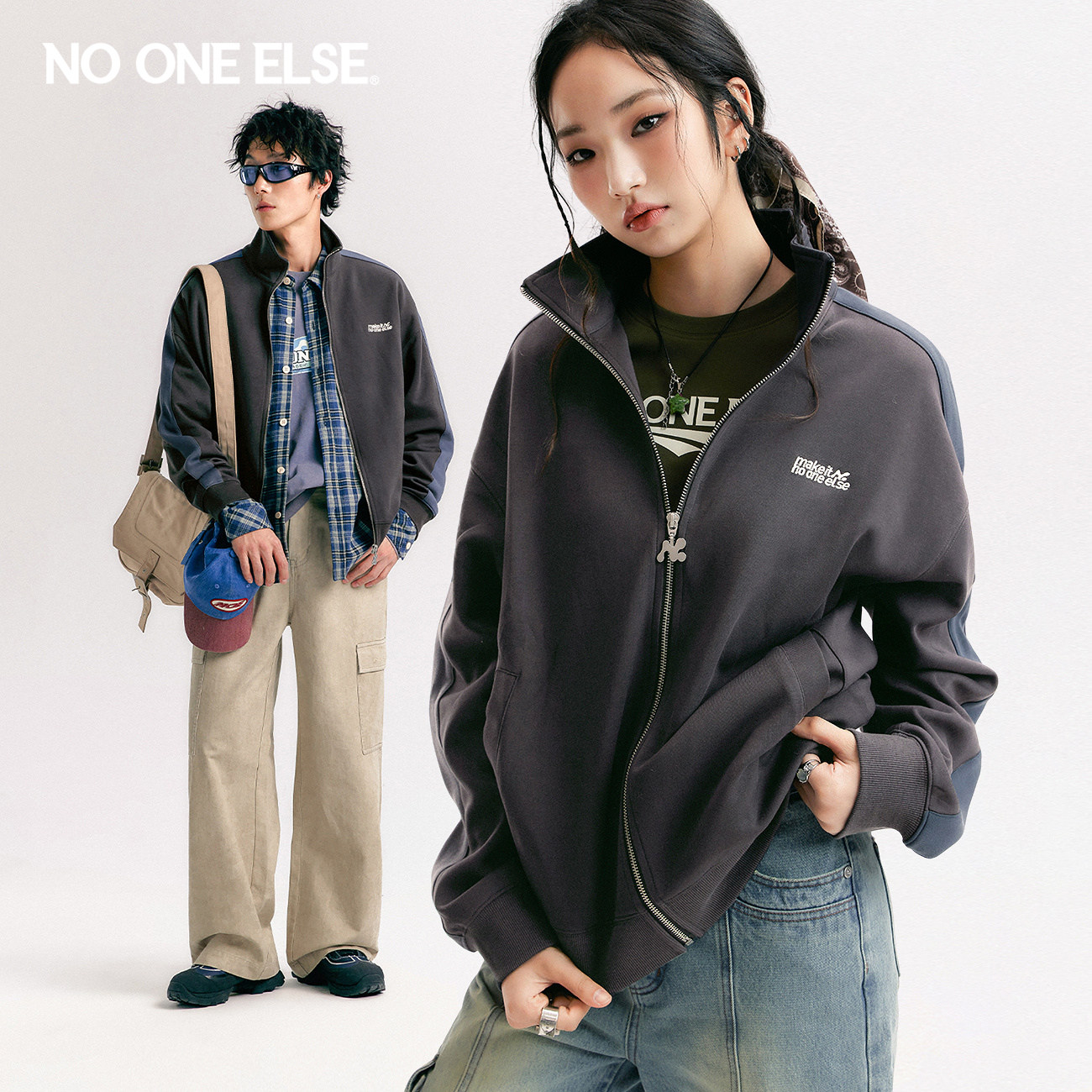 NO ONE ELSE撞色拼接卫衣外套男女2026年春秋新款字母绣花棒球衫
