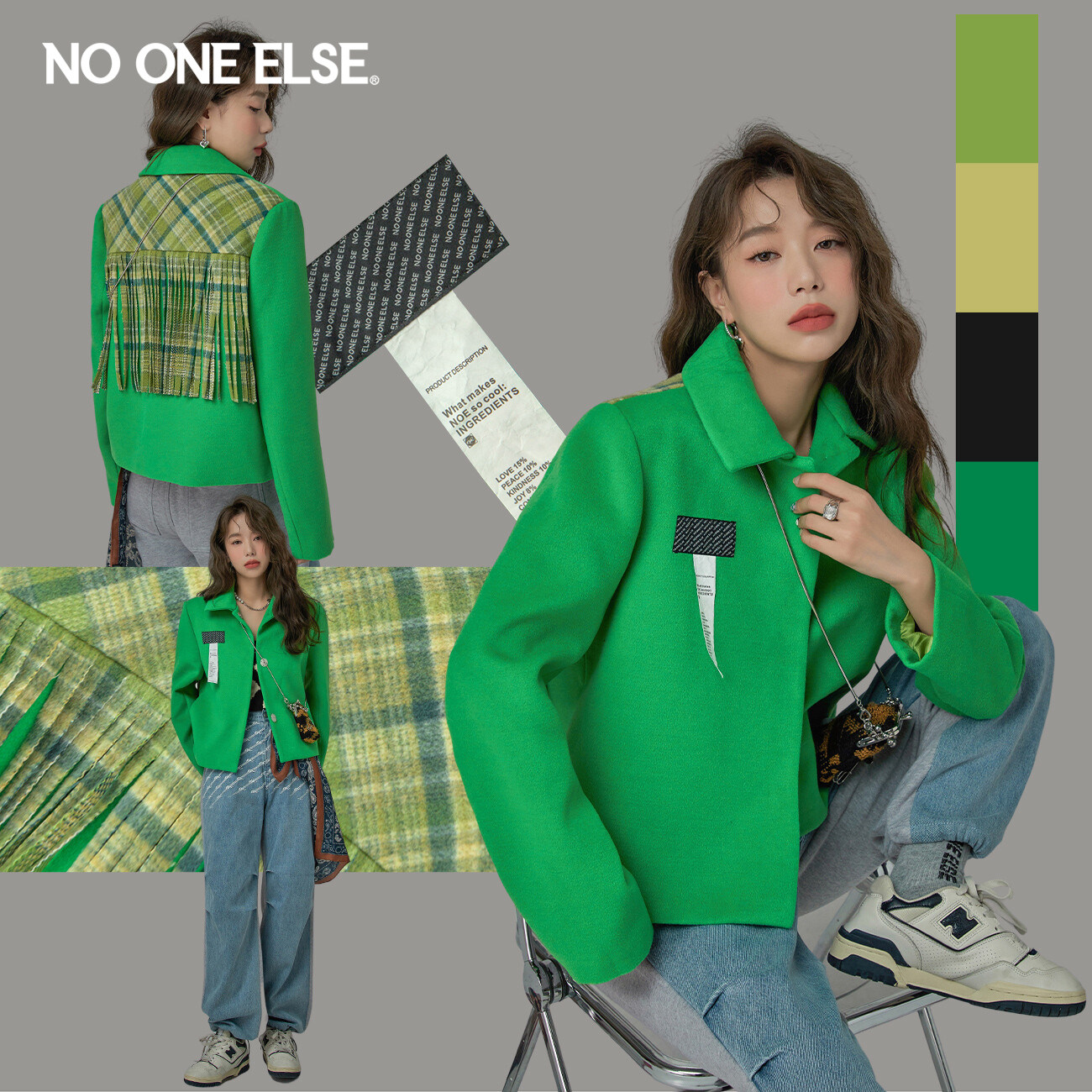 【反季清仓】NO ONE ELSE时尚流苏贴标呢大衣女冬洋气短潮流外套