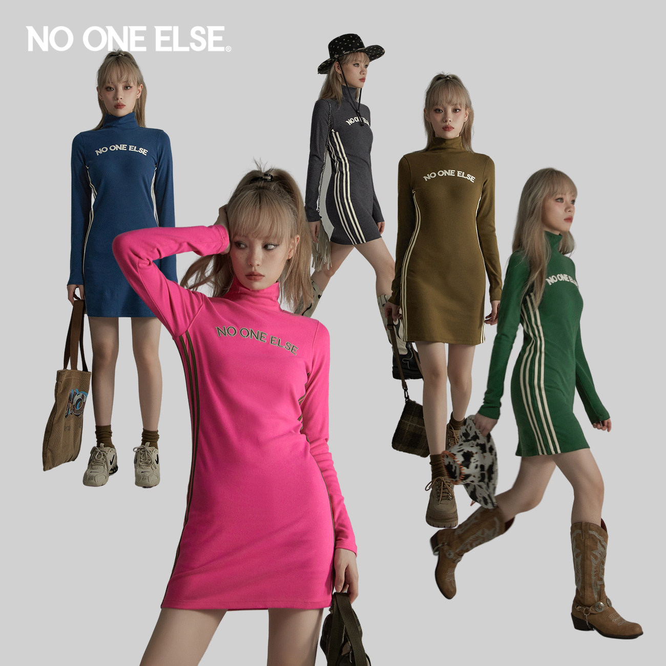 NO ONE ELSE字母高领连衣裙女2026春秋新品洋气百搭个性条纹短裙
