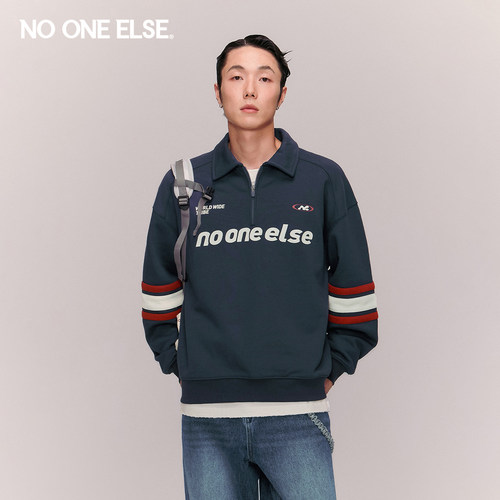 NO ONE ELSE字母条纹卫衣男女2026年春秋新款半拉链翻领长袖上衣