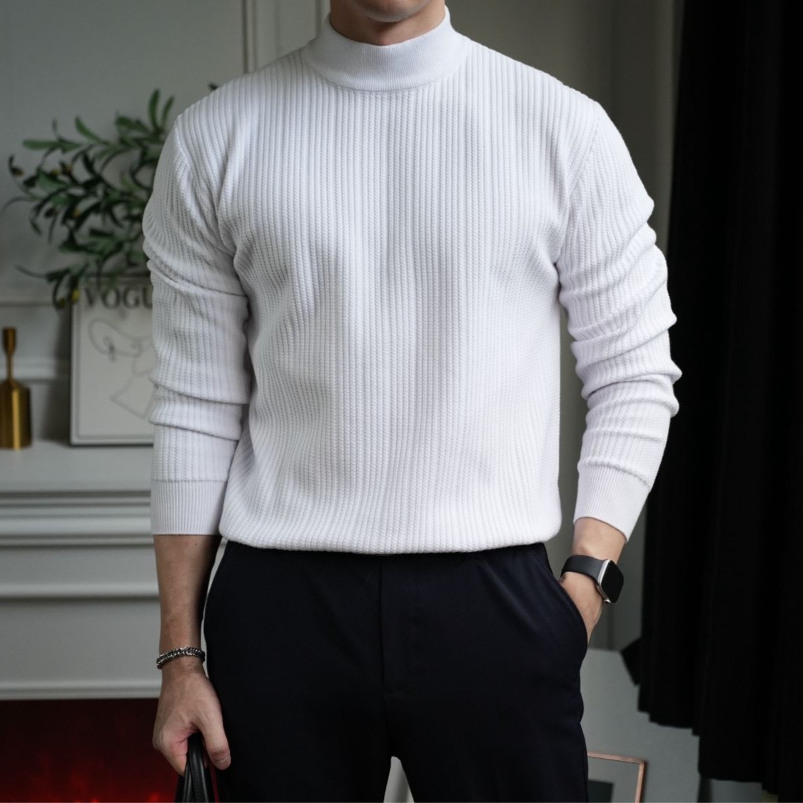 600G重磅秋冬12针半高领打底衫中领保暖修身抗起球菱形纹针织毛衣