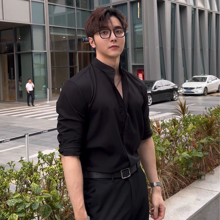 轮廓感-新中式300克春夏商务休闲禁欲系免烫抗皱长袖衬衫立领衬衣