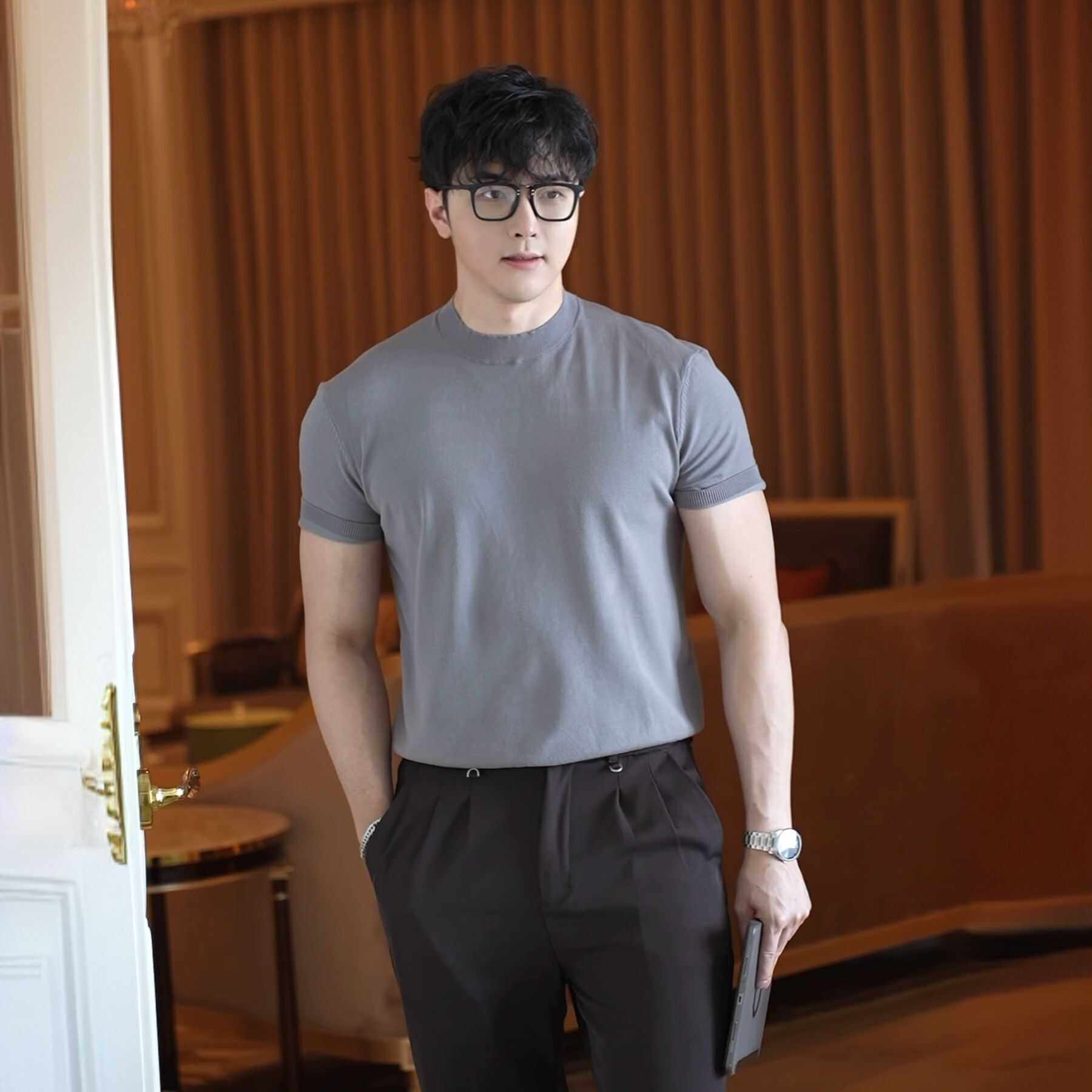 老钱风270克双纱50支秋冬抗起球可机洗微高领毛衣针织保暖短袖T恤