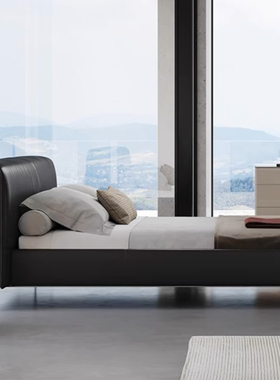 意式极简包豪斯风格 大黑牛真皮中古双人1.8米主卧设计师豆腐块床