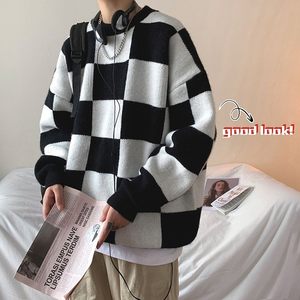 棋盘格毛衣男ins潮复古日系慵懒风外套oversize小众黑白格针织衫