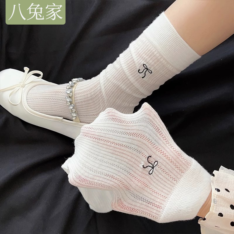 芭蕾风刺绣蝴蝶结长筒袜夏季薄款