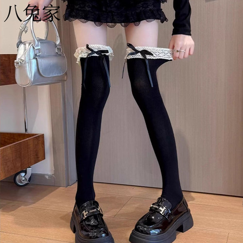 日系蝴蝶结蕾丝花边过膝袜女春秋季学院风jk甜美搭配小皮鞋长筒袜
