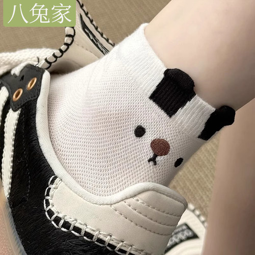 袜子女夏季薄款中筒袜纯棉网眼透气日系可爱卡通后跟小熊短袜夏天