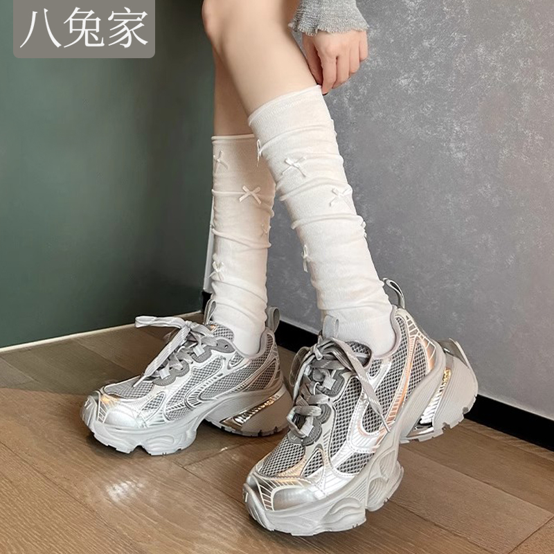 芭蕾风蝴蝶结小腿袜子配小皮鞋