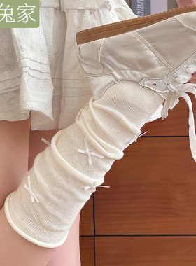 白色蝴蝶结袜子女小腿袜夏季薄款2025新款miu系芭蕾风灰色堆堆袜