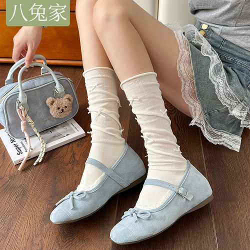 芭蕾风蝴蝶结小腿袜子配小皮鞋