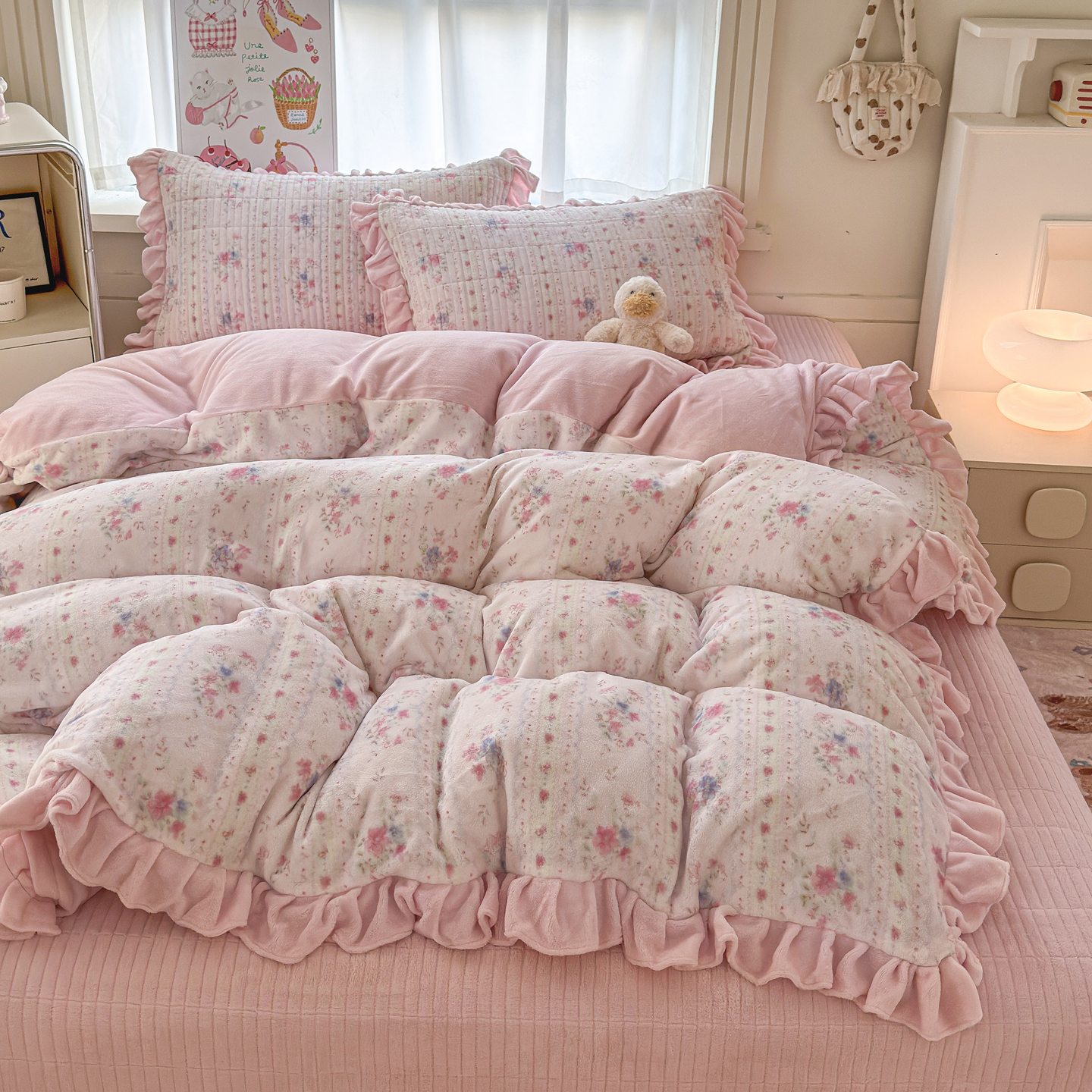 田园风花边牛奶绒被套单件冬季加厚珊瑚法兰绒被罩夹棉床盖四件套