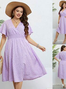 plus size V neck summer dress 夏季V领紫色宽松大码连衣裙