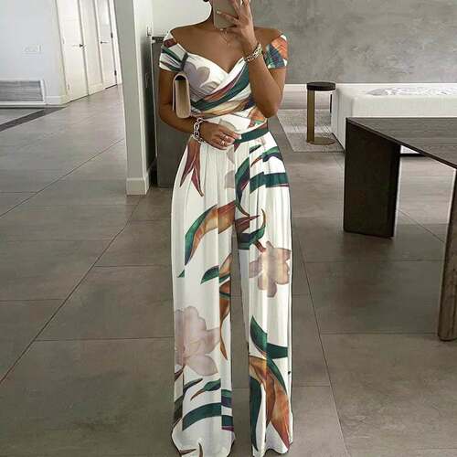Women's One Shoulder Print Casual High Waist Jumpsuit