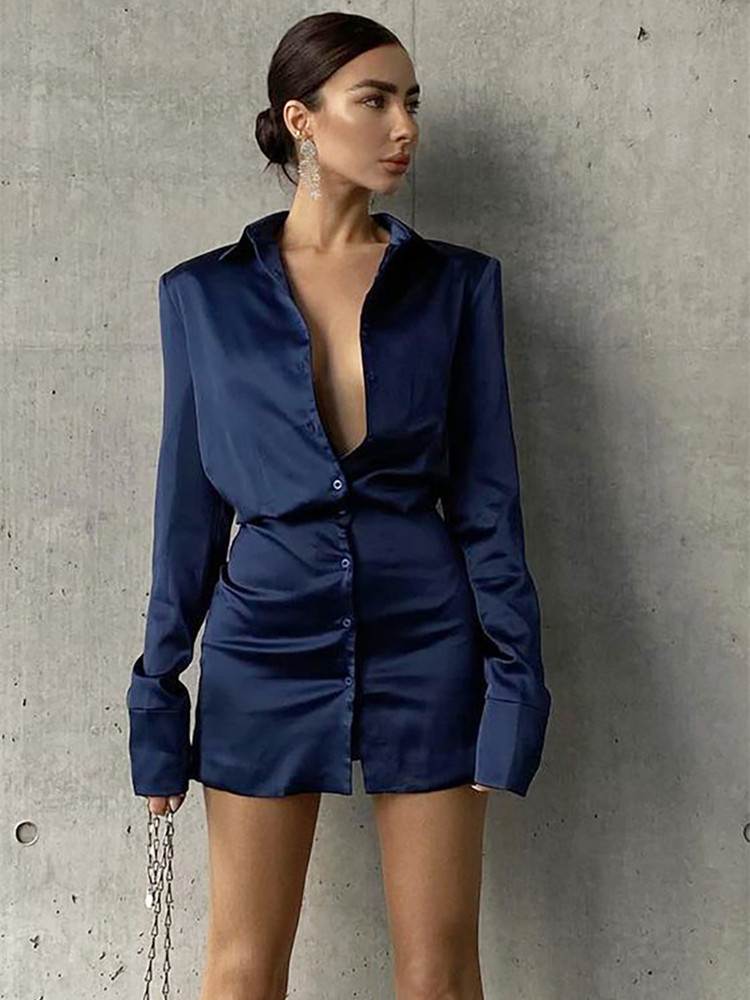 Ahagaga 欧美风气质缎面垫肩衬衣包臀裙复古单排扣收腰显瘦连衣裙