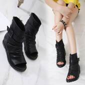 5cm中跟女鞋 2020新款 内增高坡跟罗马凉鞋 欧美皮带扣高帮鱼嘴凉靴