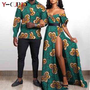 定制 非洲印花蜡染情侣装连衣裙+男士上衣 African couple outfit