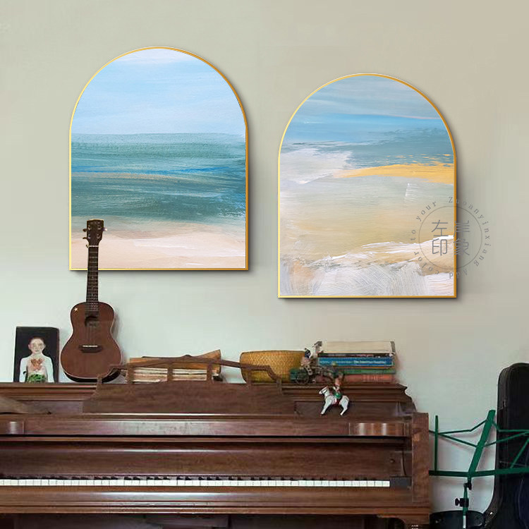 北欧小清新油画肌理抽象大海沙滩河流日系装饰画餐厅卧室拱形挂画