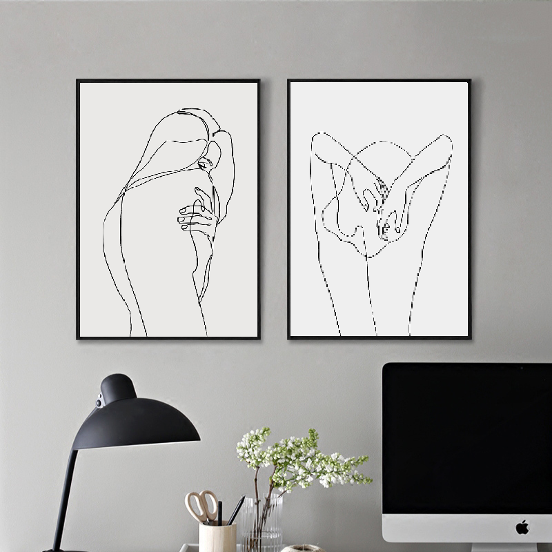 客厅极简主义装饰画卧室黑白人物个性女孩床头壁画简约线条挂画图片