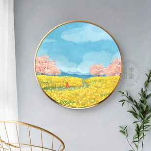 北欧小清新文艺四季风景插画儿童房卡通装饰画餐厅玄关圆形摆挂画