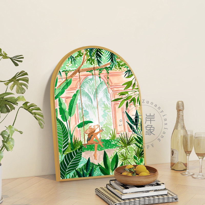 北欧ins风摩洛哥生活人物装饰画水彩花瓶热带植物服装店拱形挂画