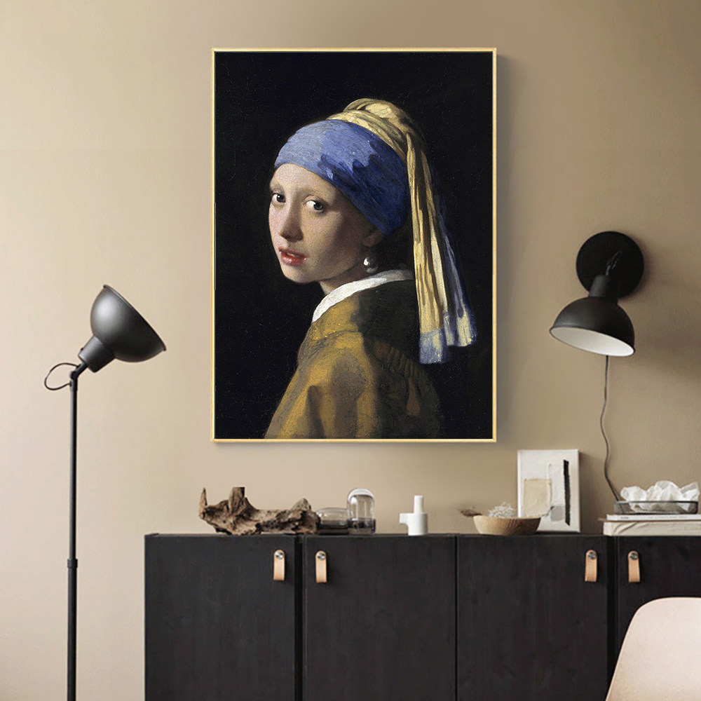 维米尔戴着珍珠耳环的少女名画装饰画古典沙发背景卧室玄关壁挂画
