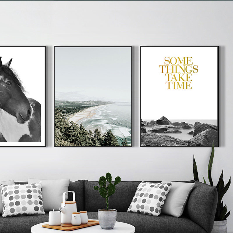 北欧风装饰画大海边马风景绿色植物叶子ins沙发背景墙装饰画挂画