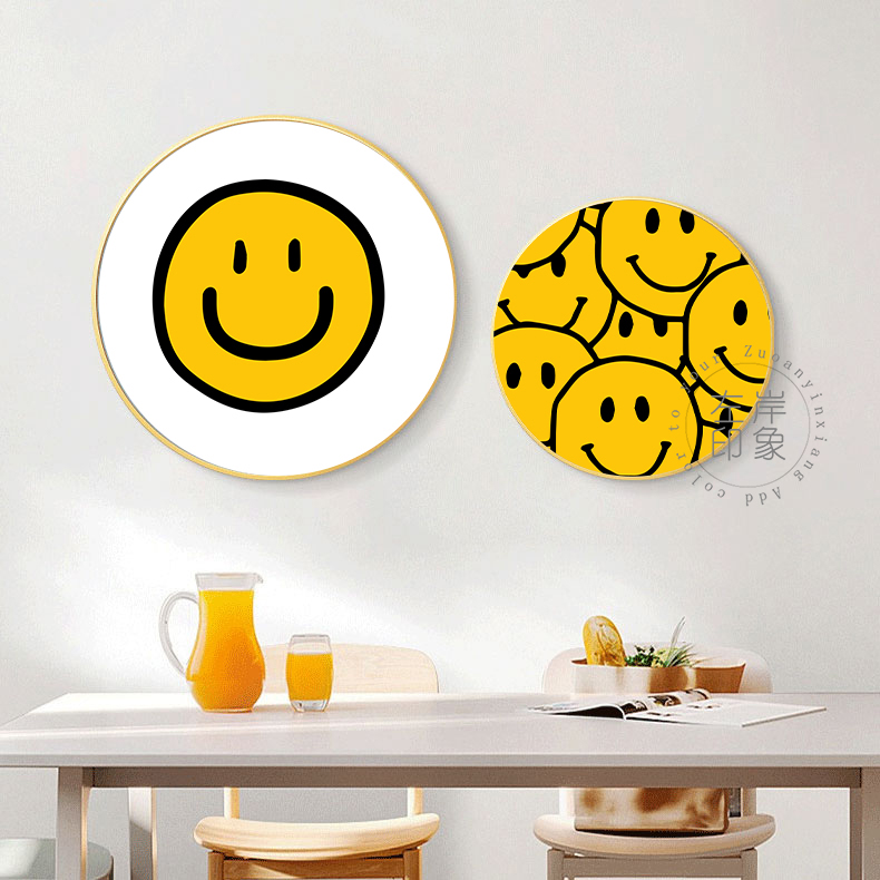 smile黄色笑脸圆形装饰画微笑方形餐厅治愈系儿童房温馨简约挂画图片