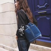 牛仔布拼接pu单肩包外贸流量大容量包 z家水桶包秋冬新品