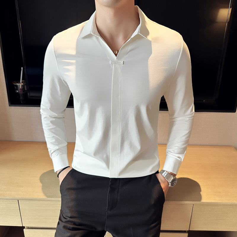 日本品质冰丝无痕长袖polo衫男士商务休闲免烫v领衬衫领白色t恤男