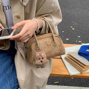 日本品质韩国小众复古保龄球包包女秋冬绒面手提波士顿包松弛感通