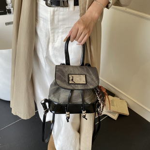 日本品质复古学院风双肩包包女2026新款韩国撞色小众手提水桶包单