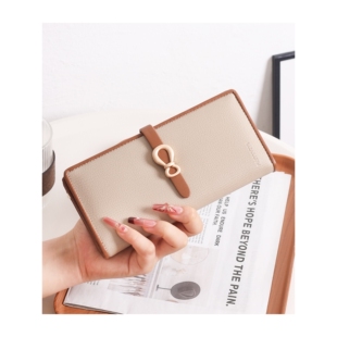 日本品质长款钱包女士新品韩版PU撞色手拿包搭扣两折折叠皮钱夹拉