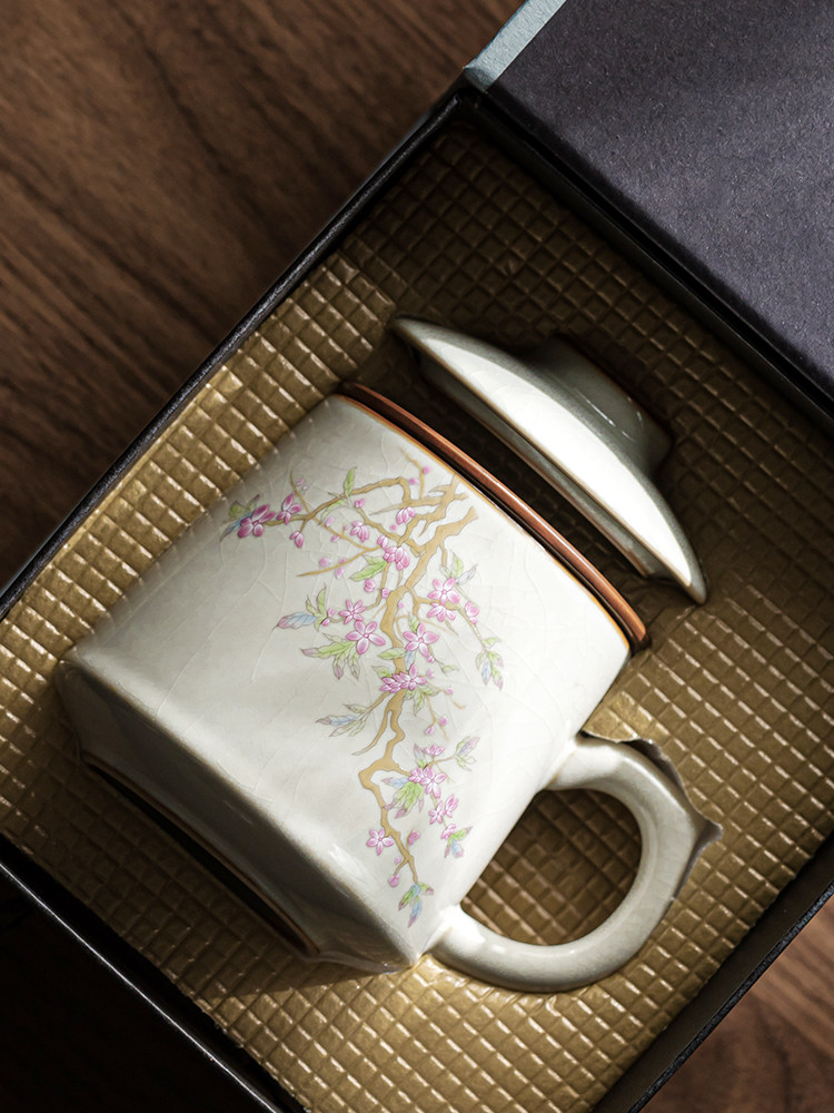 米黄汝窑桃花陶瓷泡茶杯茶水分离办公会议水杯子功夫茶具定制礼品