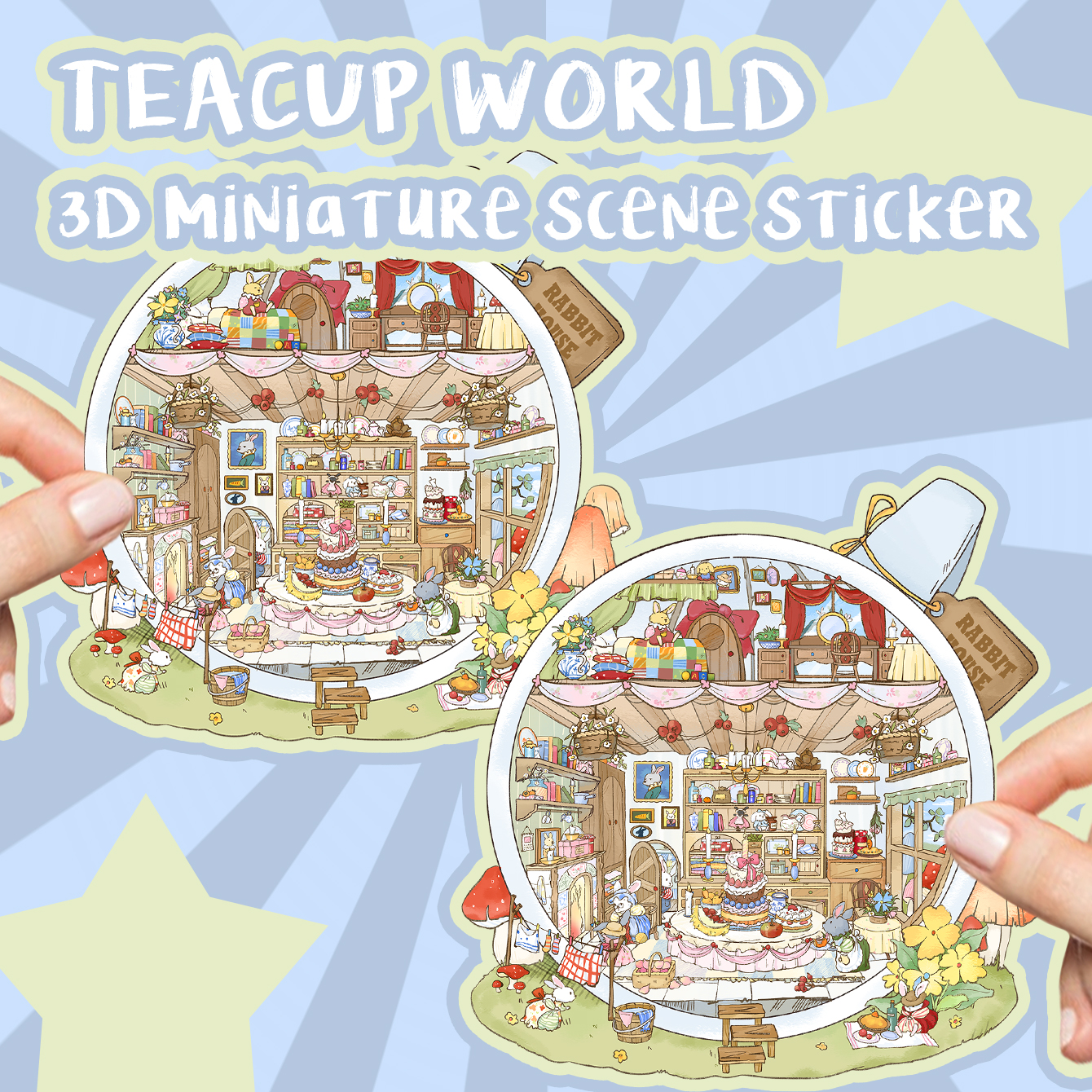原创卡通茶杯世界造景贴纸PET微缩3D立体小屋解压拼贴DIY堆叠贴画