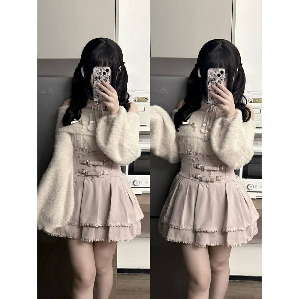 【露肩星褶】清楚系甜妹双蝴蝶结扣皮扣裙收后腰显瘦高腰皮扣裙裤,女装/女士精品,时尚套装,淘宝优惠券,粉丝福利购,淘宝优惠卷