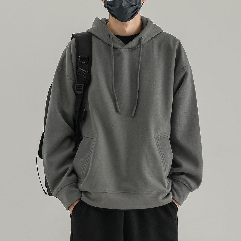 抗皱连帽卫衣男春秋休闲宽松美式潮牌灰色外套冬季加绒打底内搭衫
