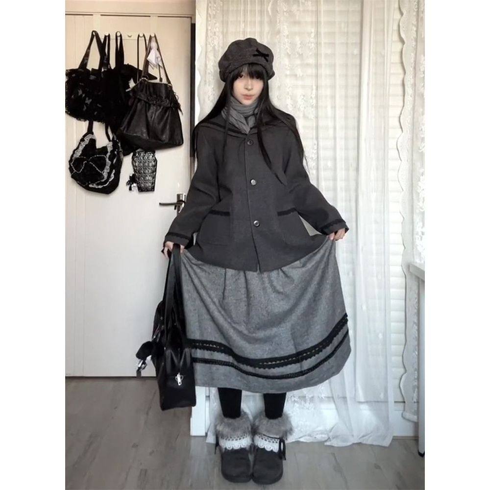 "苍山赴雪" 灰色海军领毛呢大衣女夹棉短款外套套装,女装/女士精品,时尚套装,淘宝优惠券,粉丝福利购,淘宝优惠卷