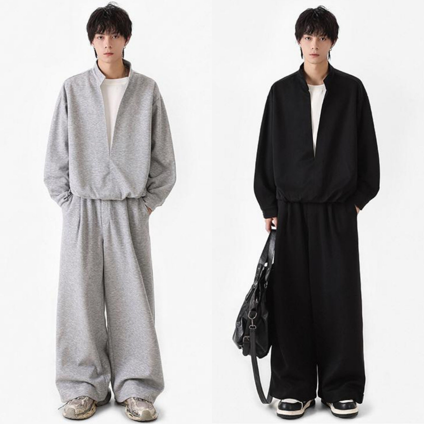 灰色假两件层次感卫衣套装男秋季慵懒风宽松阔腿裤休闲穿搭一整套
