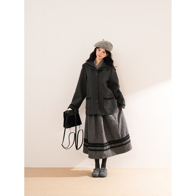 ""苍山赴雪" 灰色海军领毛呢大衣女夹棉短款外套套装,女装/女士精品,时尚套装,淘宝优惠券,粉丝福利购,淘宝优惠卷