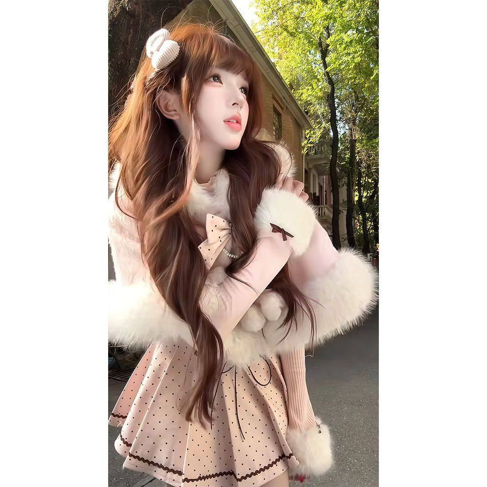 甜美千金风粉色毛绒绒斗篷连帽外套女秋冬针织打底衣波点裙三件套,女装/女士精品,时尚套装,淘宝优惠券,粉丝福利购,淘宝优惠卷