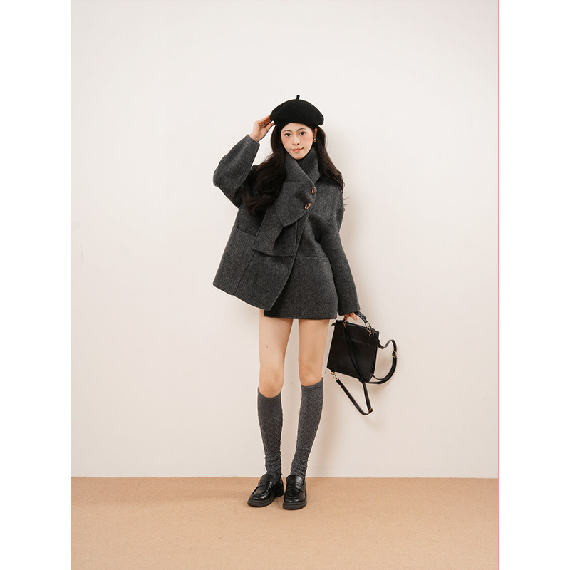 高级感围巾双面呢短款外套2025秋冬新小个子斜扣宽松双面羊绒大衣,女装/女士精品,毛呢外套,淘宝优惠券,粉丝福利购,淘宝优惠卷